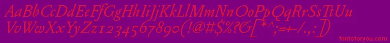 フォントPentagrammeosfItalic – 紫の背景に赤い文字
