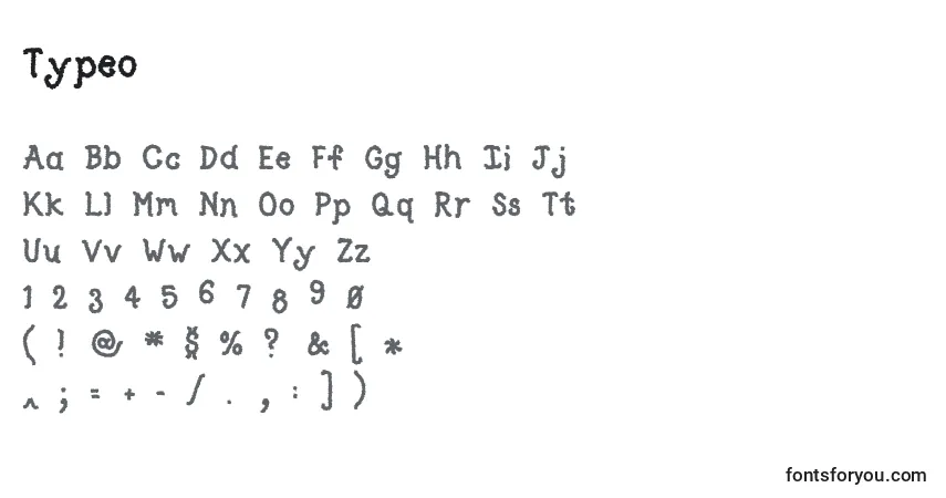 Schriftart Typeo – Alphabet, Zahlen, spezielle Symbole