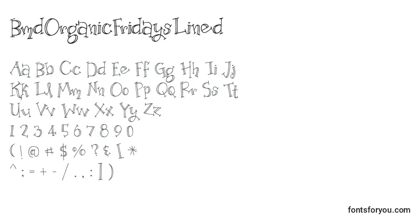 Шрифт BmdOrganicFridaysLined – алфавит, цифры, специальные символы