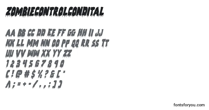 Czcionka Zombiecontrolcondital – alfabet, cyfry, specjalne znaki