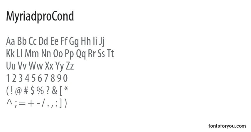 Fuente MyriadproCond - alfabeto, números, caracteres especiales