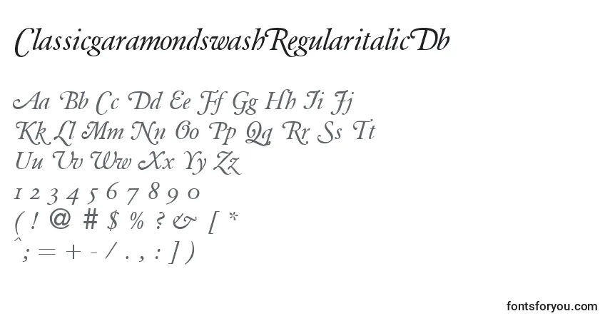 A fonte ClassicgaramondswashRegularitalicDb – alfabeto, números, caracteres especiais