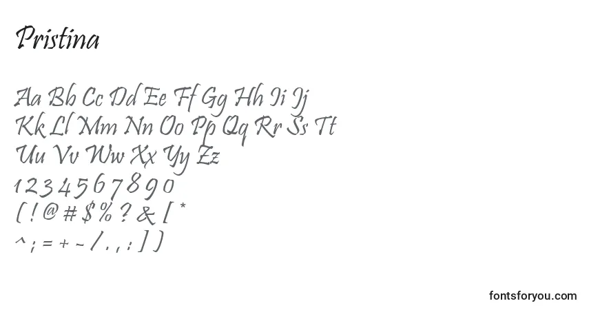 A fonte Pristina – alfabeto, números, caracteres especiais