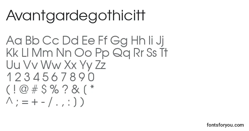 A fonte Avantgardegothicitt – alfabeto, números, caracteres especiais