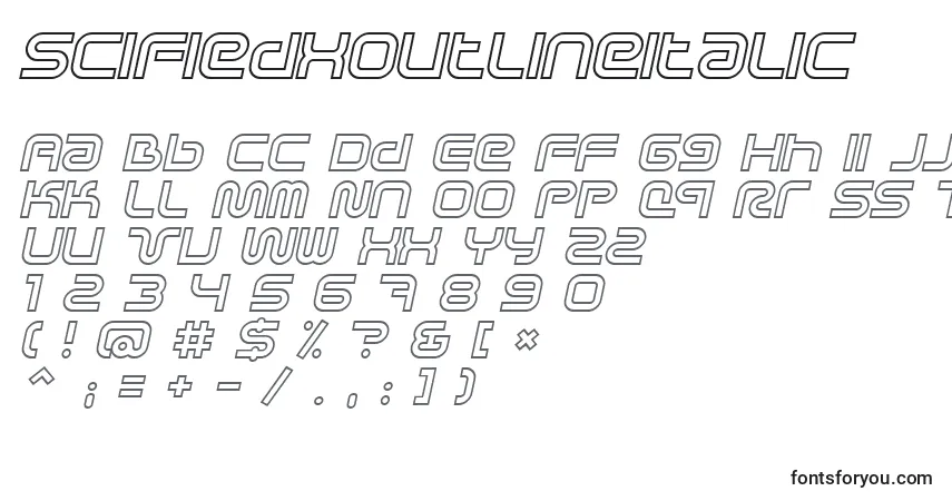Czcionka SciFiedXOutlineItalic – alfabet, cyfry, specjalne znaki
