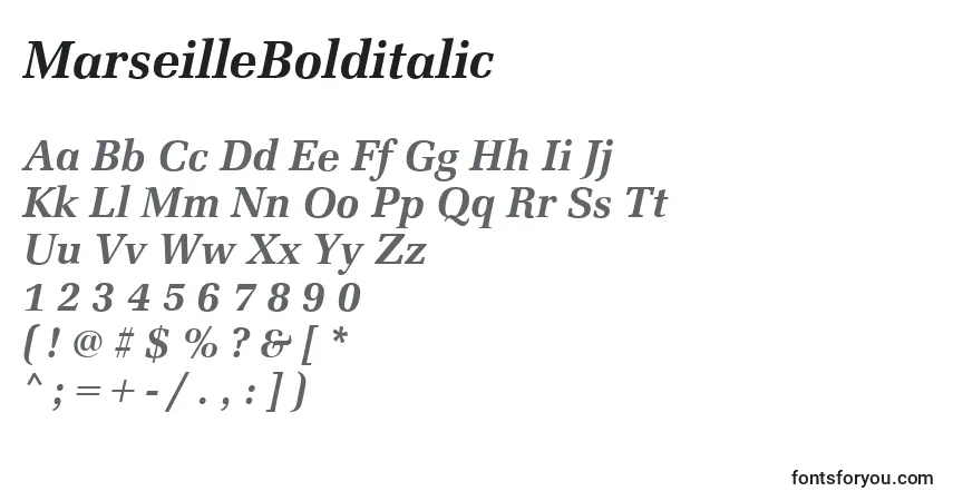 A fonte MarseilleBolditalic – alfabeto, números, caracteres especiais