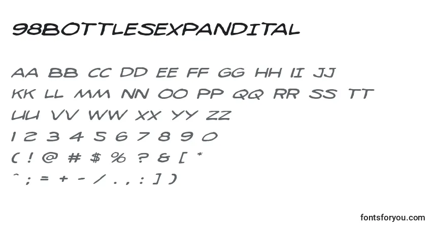 Czcionka 98bottlesexpandital – alfabet, cyfry, specjalne znaki
