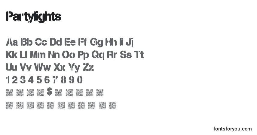 Czcionka Partylights – alfabet, cyfry, specjalne znaki