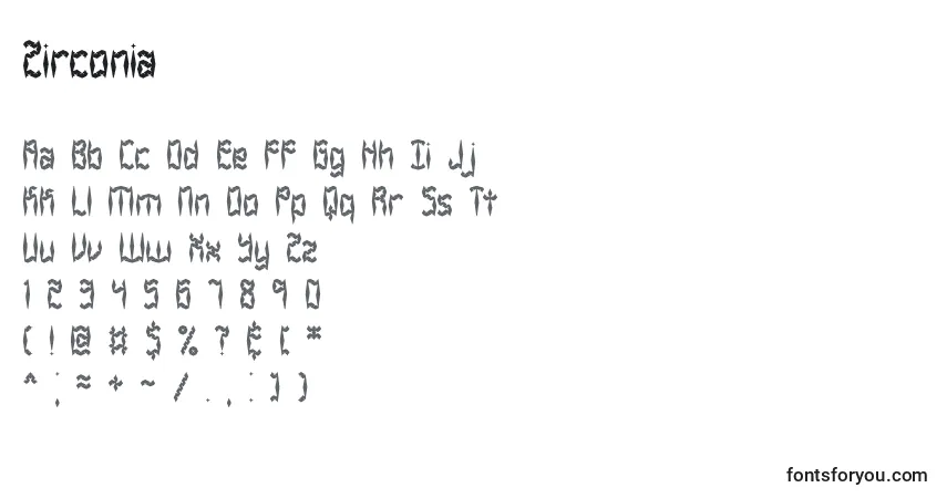 Schriftart Zirconia – Alphabet, Zahlen, spezielle Symbole