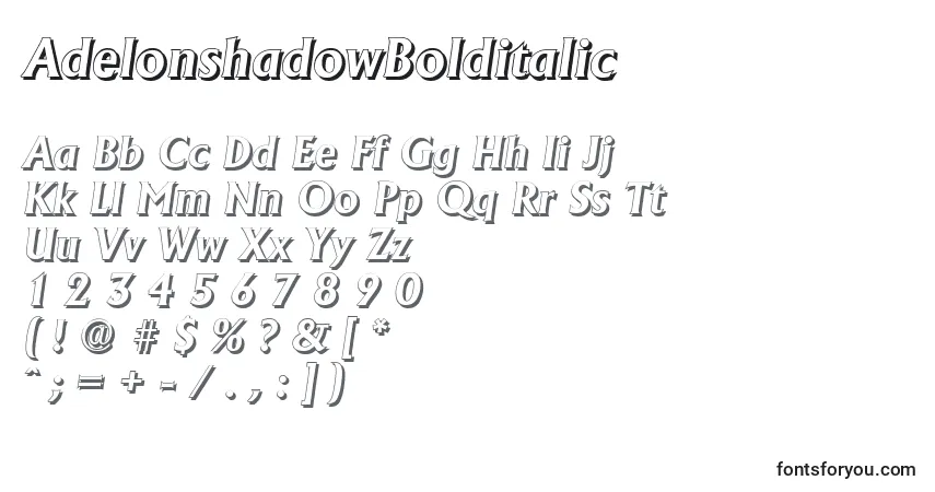 A fonte AdelonshadowBolditalic – alfabeto, números, caracteres especiais
