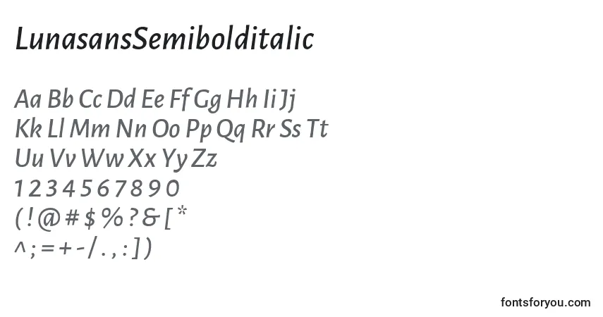 Czcionka LunasansSemibolditalic – alfabet, cyfry, specjalne znaki