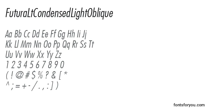 Шрифт FuturaLtCondensedLightOblique – алфавит, цифры, специальные символы