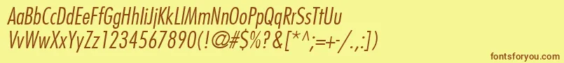 Fonte FuturaLtCondensedLightOblique – fontes marrons em um fundo amarelo