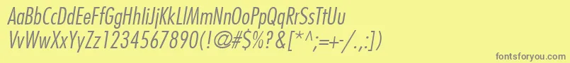 Fonte FuturaLtCondensedLightOblique – fontes cinzas em um fundo amarelo