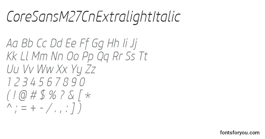 Czcionka CoreSansM27CnExtralightItalic – alfabet, cyfry, specjalne znaki