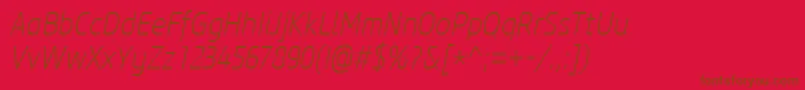 CoreSansM27CnExtralightItalic-Schriftart – Braune Schriften auf rotem Hintergrund