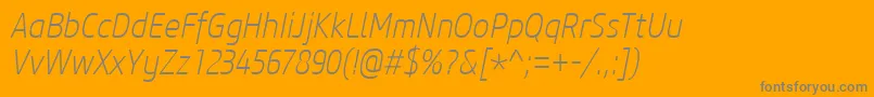 Lisätietoja CoreSansM27CnExtralightItalic-fontista CoreSansM27CnExtralightItalic-fontti – harmaat kirjasimet oranssilla taustalla