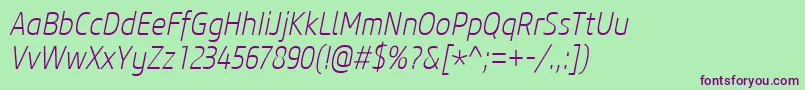 CoreSansM27CnExtralightItalic Font – Purple Fonts on Green Background