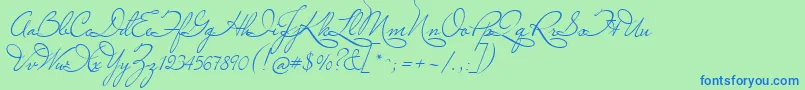 MissLeGatees-Schriftart – Blaue Schriften auf grünem Hintergrund