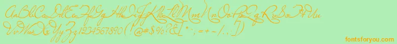 フォントMissLeGatees – オレンジの文字が緑の背景にあります。