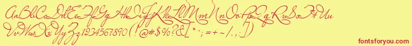 MissLeGatees-Schriftart – Rote Schriften auf gelbem Hintergrund