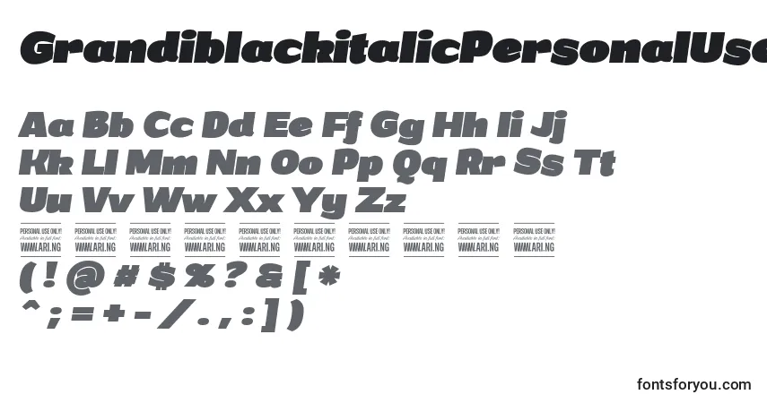 Шрифт GrandiblackitalicPersonalUse – алфавит, цифры, специальные символы