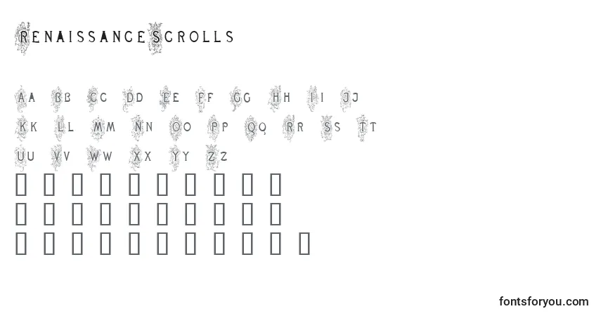 characters of renaissancescrolls font, letter of renaissancescrolls font, alphabet of  renaissancescrolls font