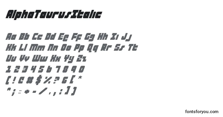 Czcionka AlphaTaurusItalic – alfabet, cyfry, specjalne znaki