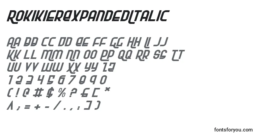 Шрифт RokikierExpandedItalic – алфавит, цифры, специальные символы
