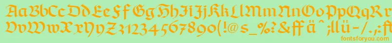 フォントRichmondfrakturLtDfr – オレンジの文字が緑の背景にあります。