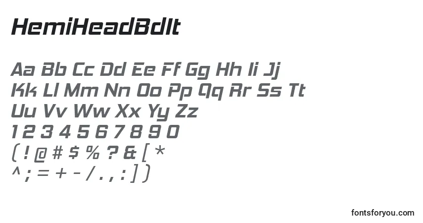 Czcionka HemiHeadBdIt – alfabet, cyfry, specjalne znaki