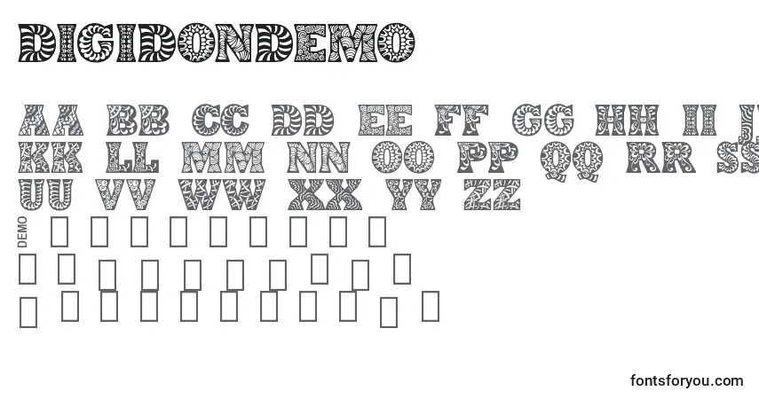 Czcionka DigidonDemo – alfabet, cyfry, specjalne znaki