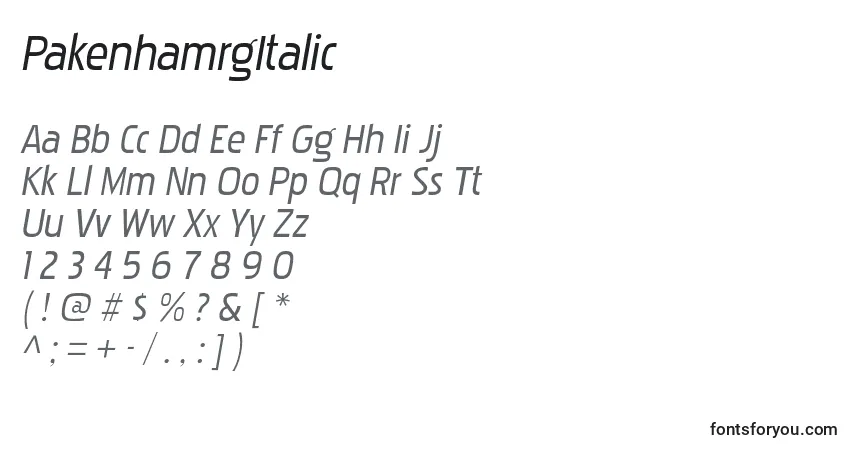 A fonte PakenhamrgItalic – alfabeto, números, caracteres especiais