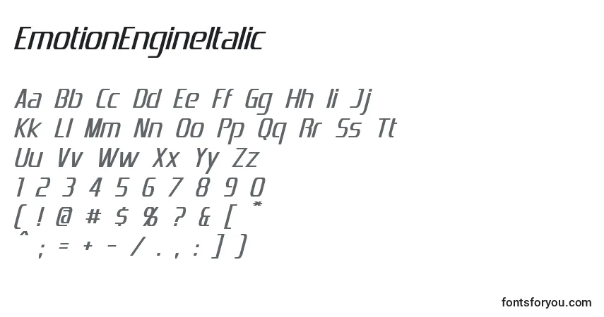 Czcionka EmotionEngineItalic (115061) – alfabet, cyfry, specjalne znaki