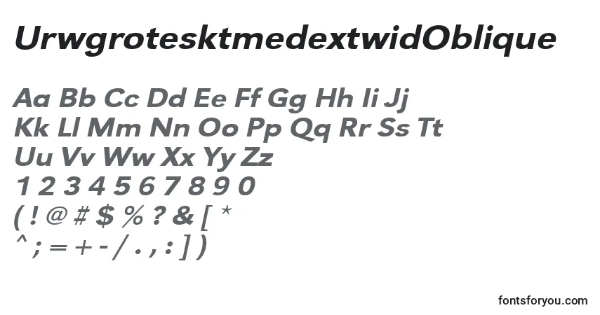 Czcionka UrwgrotesktmedextwidOblique – alfabet, cyfry, specjalne znaki