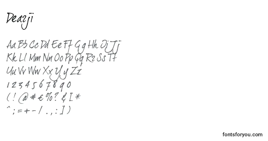 Czcionka Dearji – alfabet, cyfry, specjalne znaki