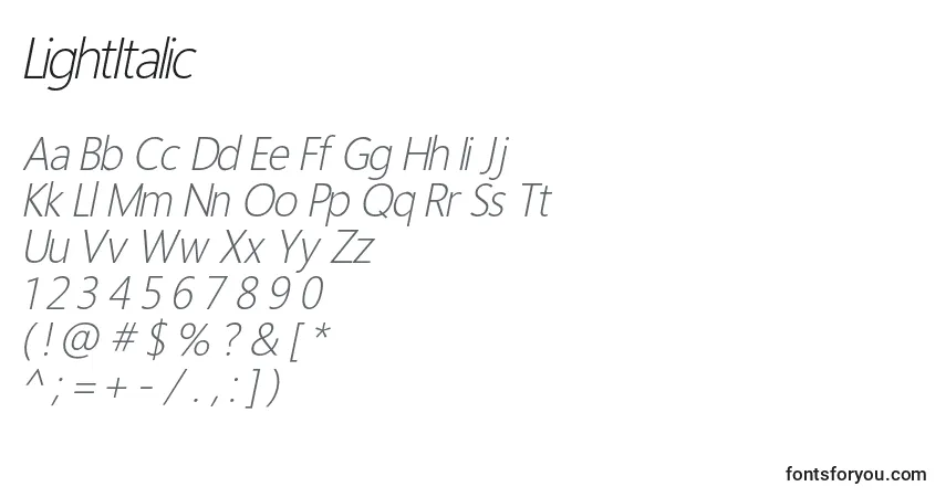 A fonte LightItalic (115071) – alfabeto, números, caracteres especiais