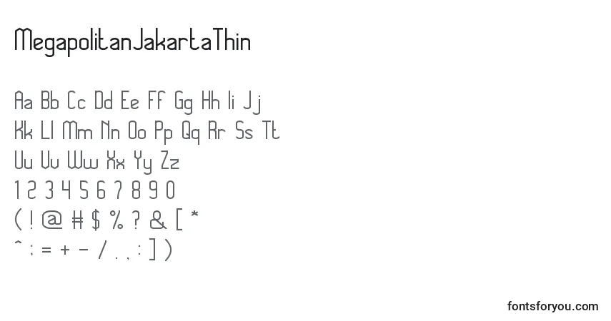 A fonte MegapolitanJakartaThin – alfabeto, números, caracteres especiais