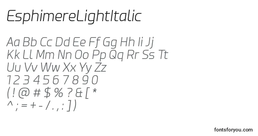 Czcionka EsphimereLightItalic – alfabet, cyfry, specjalne znaki