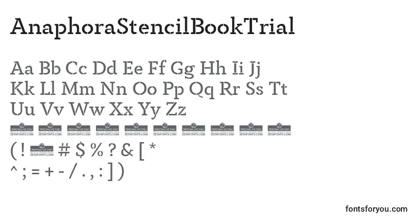 Czcionka AnaphoraStencilBookTrial – alfabet, cyfry, specjalne znaki