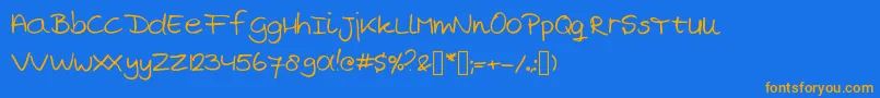 フォントMarjansHandwriting – オレンジ色の文字が青い背景にあります。