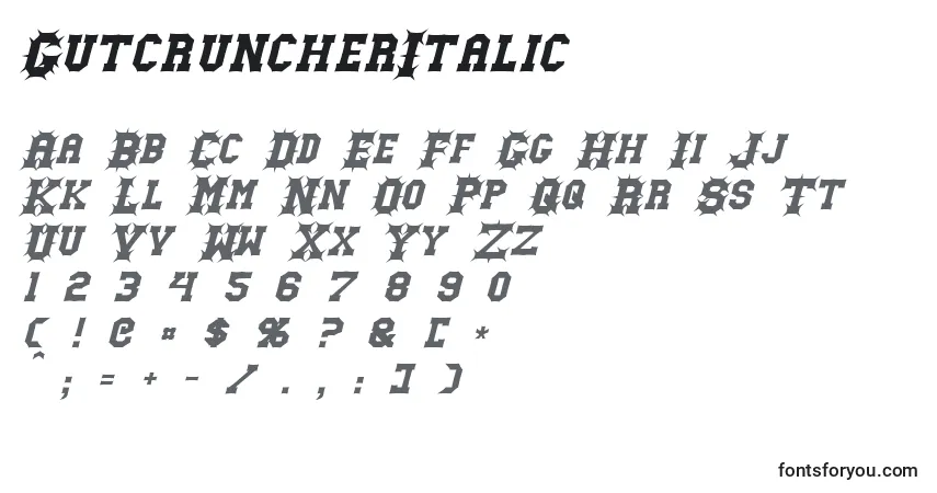 Schriftart GutcruncherItalic – Alphabet, Zahlen, spezielle Symbole