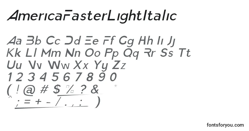 Шрифт AmericaFasterLightItalic – алфавит, цифры, специальные символы