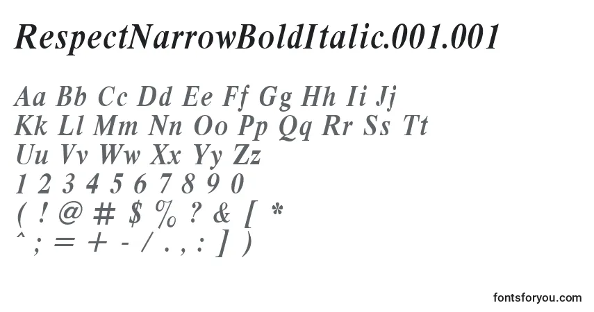 A fonte RespectNarrowBoldItalic.001.001 – alfabeto, números, caracteres especiais