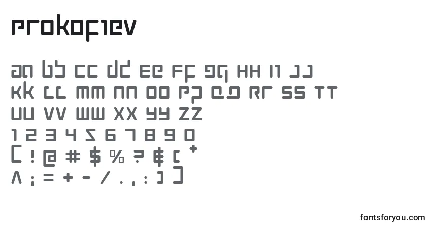 A fonte Prokofiev – alfabeto, números, caracteres especiais