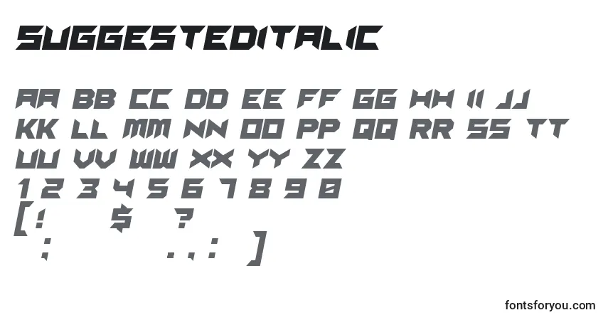 Czcionka SuggestedItalic – alfabet, cyfry, specjalne znaki