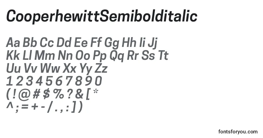 A fonte CooperhewittSemibolditalic – alfabeto, números, caracteres especiais