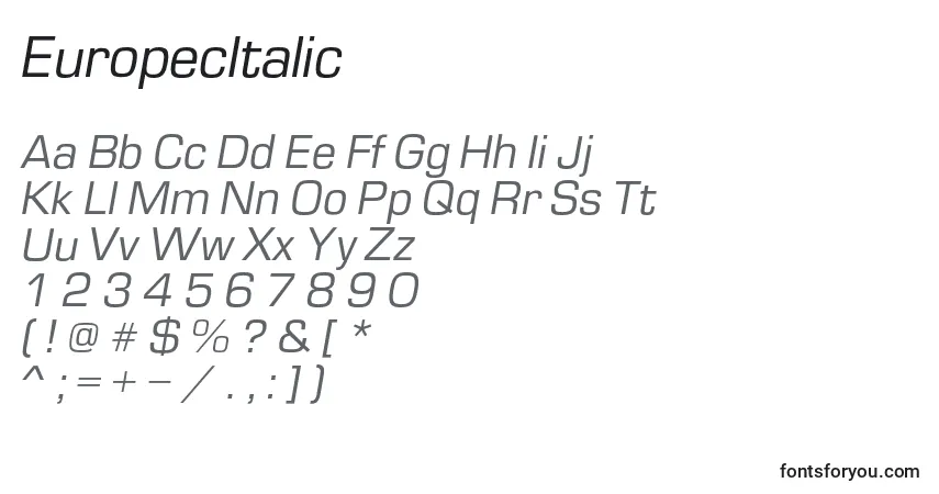 A fonte EuropecItalic – alfabeto, números, caracteres especiais