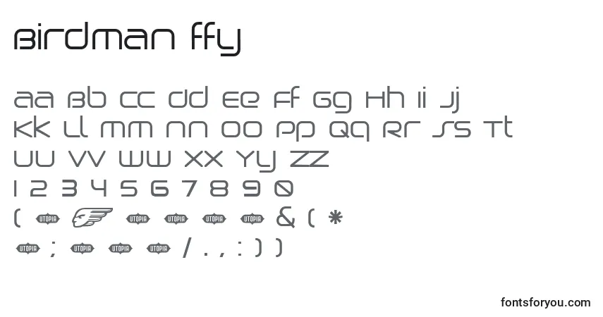 Czcionka Birdman ffy – alfabet, cyfry, specjalne znaki