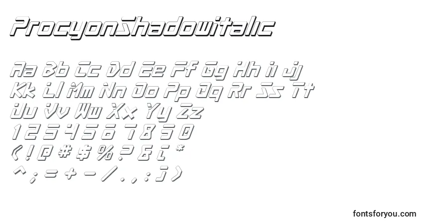 Шрифт ProcyonShadowItalic – алфавит, цифры, специальные символы